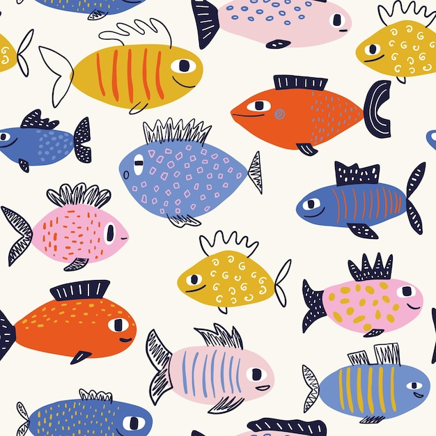 Vector handdrawn colored childish seamless repeating simple flat pattern with fishes in scandinavian style on a white background