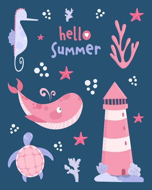 Векторная ручная цветная детская простая плоская открытка с китами в плоском стиле