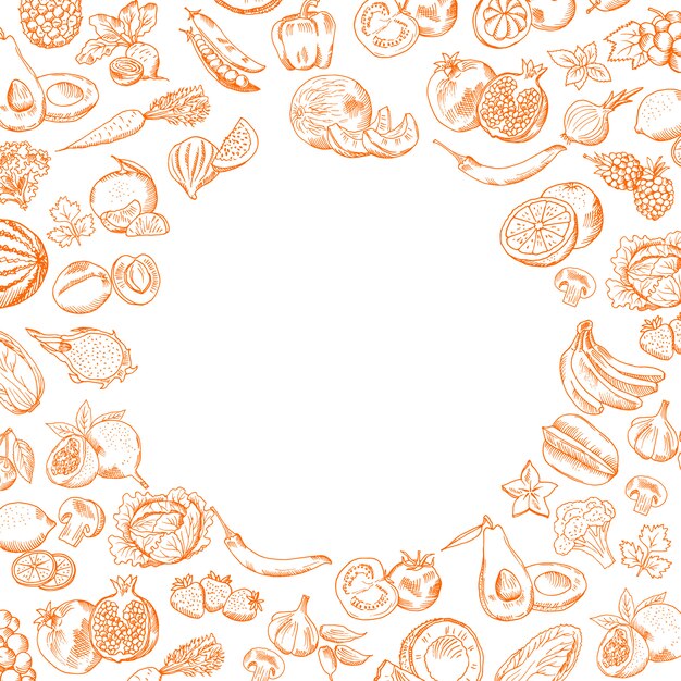 Вектор handdrawn каракули фрукты и овощи с круглым пустым местом для вашего текста иллюстрации