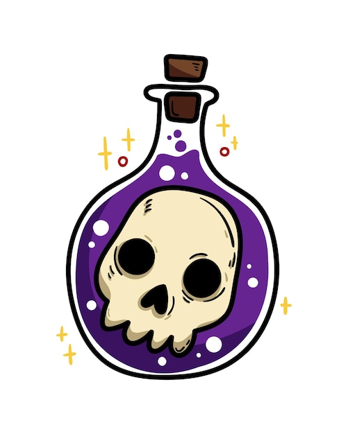 Vector handdrawn illustration Cartoon color clipart a skull in a flask with poison