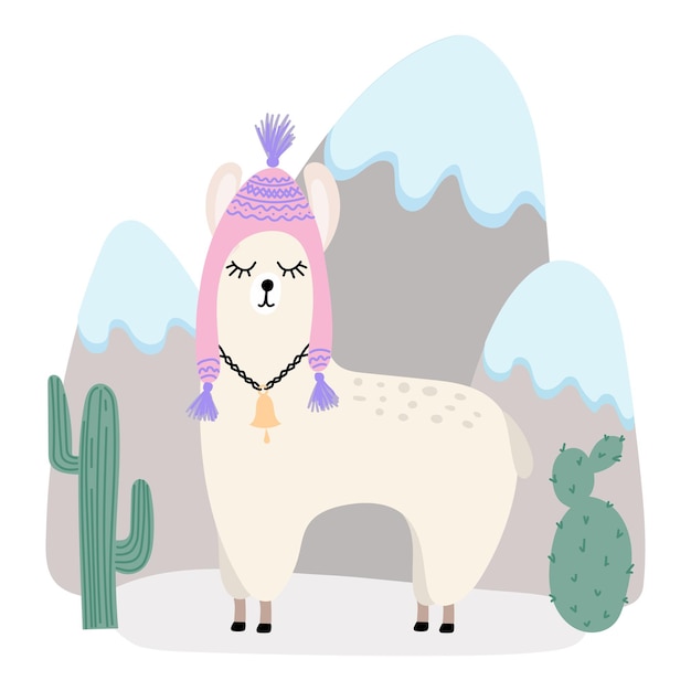 Vector handdrawn illustration Cute llama in a warm hat against the backdrop of mountains For postcards posters kids room decoration stories social media web