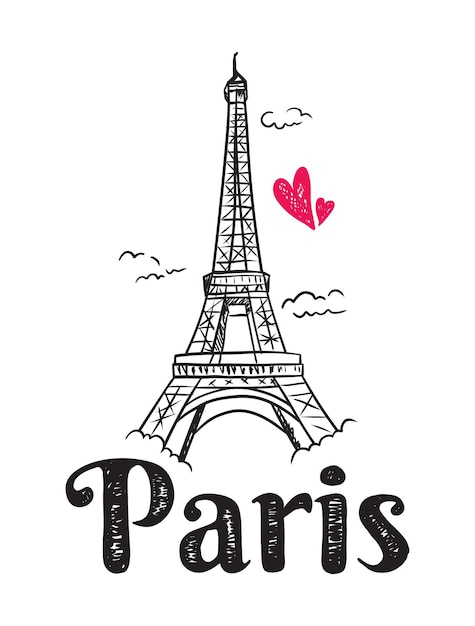 Vector handdrawn illustration of Eiffel Tower famous building silhouette on white background