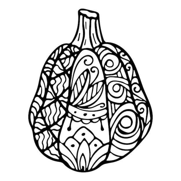 Vector handdrawn illustration of a pumpkin Zen doodle and zen tangle with a pattern antistress coloring mosaic