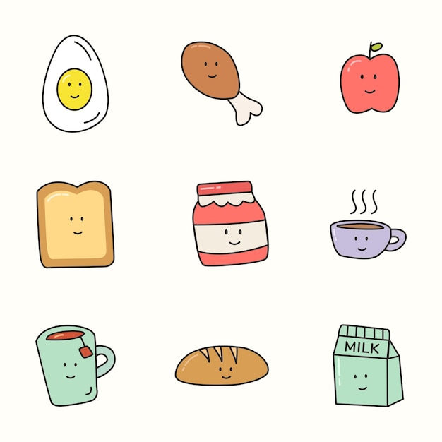 Vector vector handdrawn kawaii breakfast food collection