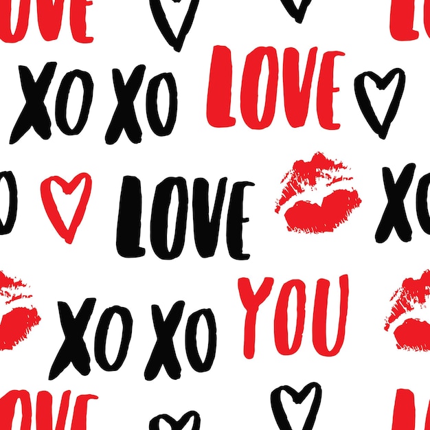 Vector handdrawn pattern with inscription love you kiss and heart