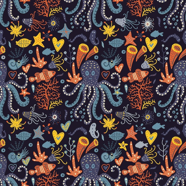 さまざまな海洋動物とのベクトル手描きの海のパターン