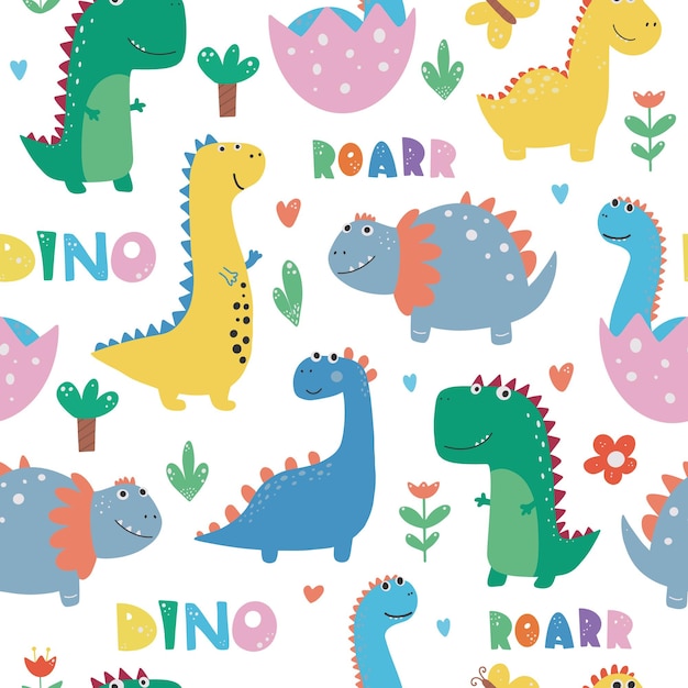 Vector handdrawn seamless childish pattern with cute dinosaurs Kids texture for fabric wrapping textile wallpaper apparel