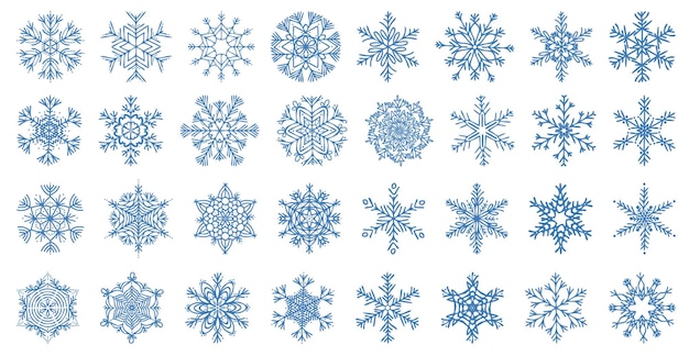 ベクター手描きの雪片セット 雪アイコン シルエット クリスマス冬のデザイン要素 季節の挨拶を印刷します