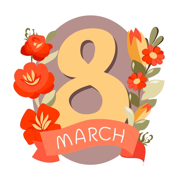 Vector handdrawn yellow text with orange flower by 8 march Isolated Number eight by women day Flat