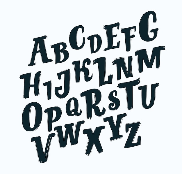 Vector handgeschreven penseel script. zwarte schuine letters op een witte achtergrond. slab lettertype schuin dynamisch lettertype.+