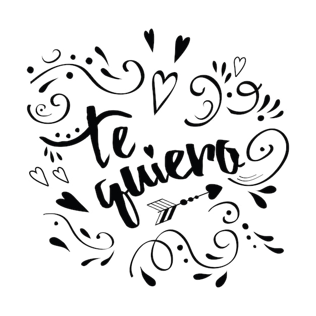 Vector handgeschreven romantische kalligrafie diagonale banner in het Spaans 'Love you' versierd bloemen zwart abstract sierlijke