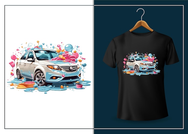 Vector vector handgetekende cartoon car wash logo t-shirt design