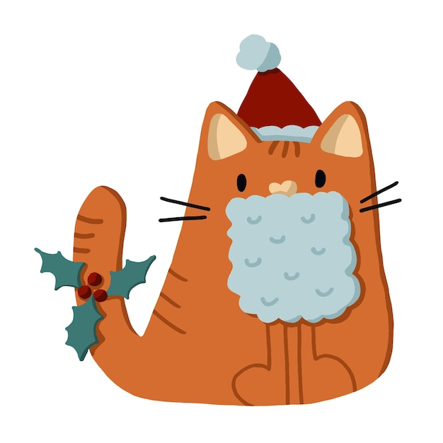 Vector vector handgetekende cartoon illustratie van kerstkat in de hoed van de kerstman