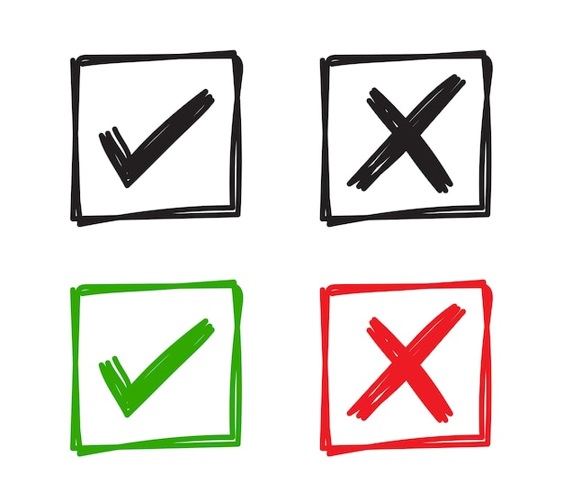 Vector Handgetekende Check en Cross In Square Icon Set