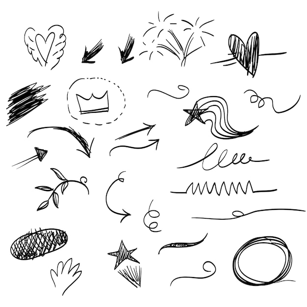 Vector handgetekende doodles collectie van krullende pijl swishes swoops swirl hart liefde kroon vuurwerk highlight tekst en nadruk element gebruik voor concept design
