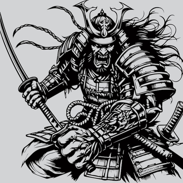 vector handgetekende illustratie samurai met zwart-witte kleur op wit
