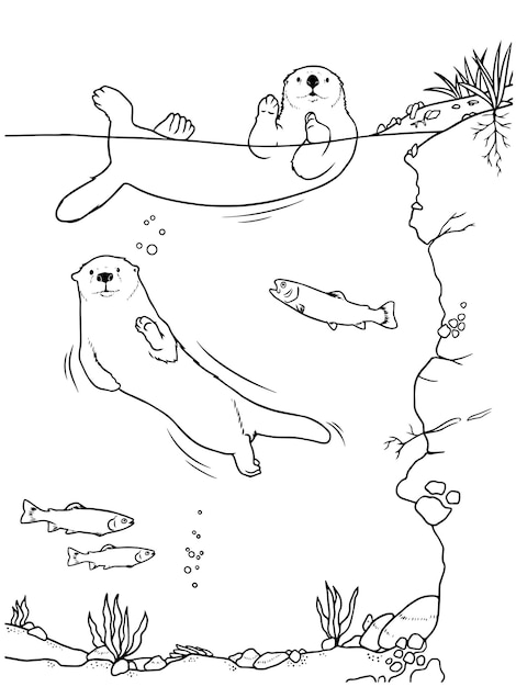 Vector handgetekende illustratie van zwemmende otters