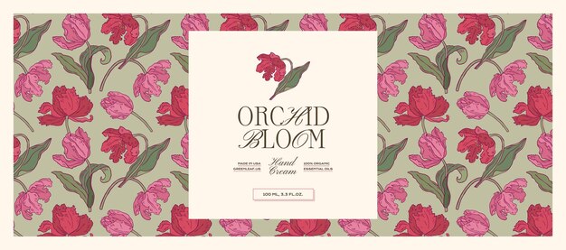 Vector vector handgetekende lijnkunst vector cosmetische labelontwerp sjabloon met botanisch naadloos patroon