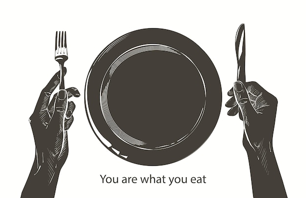 테이블에 접시 옆에 나이프와 포크를 들고 벡터 손. 금식, 기아, 다이어트, 체중 감소, 건강한 식생활 개념. 맛있게 드세요. 칼 붙이 스케치 선 그리기 실루엣 현실적인 그림입니다.