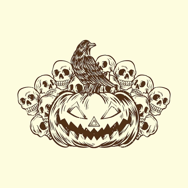 Vector handtekening halloween crow pompoen schedels