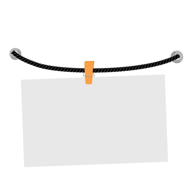 Vector hanging message note, at black rope, isolated on white