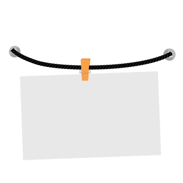 Vector hanging message note, at black rope, isolated on white