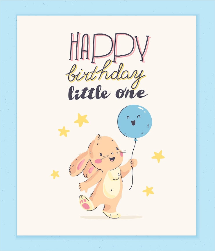 Vector vector happy birthday congratulation card design with cute little baby rabbit hold air balloon and text congratulation isolated on light background. good for hb card, baby shower party invitation etc.