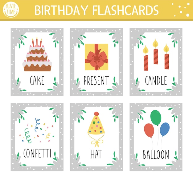 벡터 생일 축하 플래시 카드는 아이들을 위한 귀여운 촛불 풍선 케이크와 함께 영어 게임을 설정합니다. 휴일 파티 플래시카드 간단한 교육용 인쇄용 워크시트xa