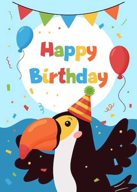 Vector Happy Birthday greeting card for children. Cute cartoon toucan bird with balloons.