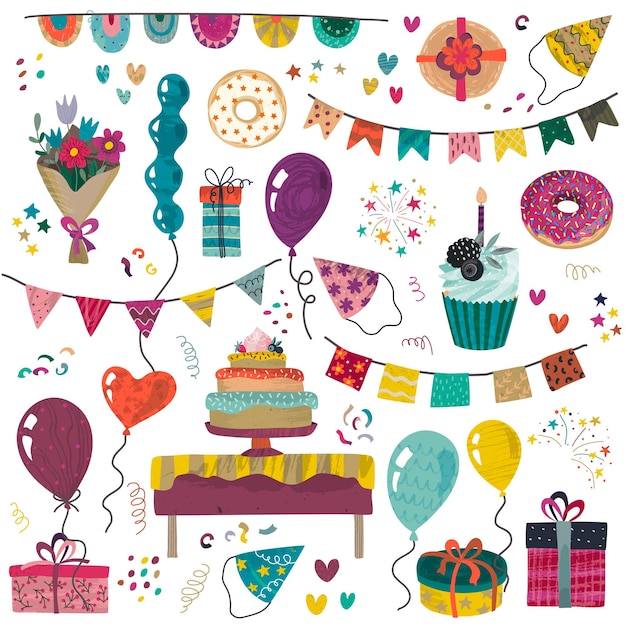 Vector happy birthday party-elementen instellen vakantie taart presenteert geschenken muffins cupcakes