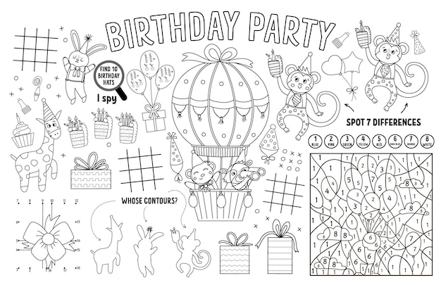 Vector happy birthday placemat for kids holiday party printable activity mat with maze tic tac toe charts connect the dots find difference black and white play mat or coloring pagexa