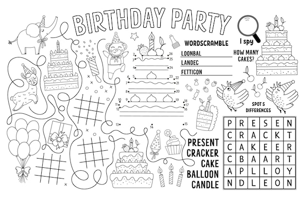 Vector Happy Birthday placemat for kids Holiday party printable activity mat with maze tic tac toe charts connect the dots find difference Black and white play mat or coloring pagexA