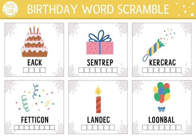 Vector happy birthday word scramble activity cards english language game with cute candle balloons cake for kids holiday party family quiz simple educational printable worksheetxa