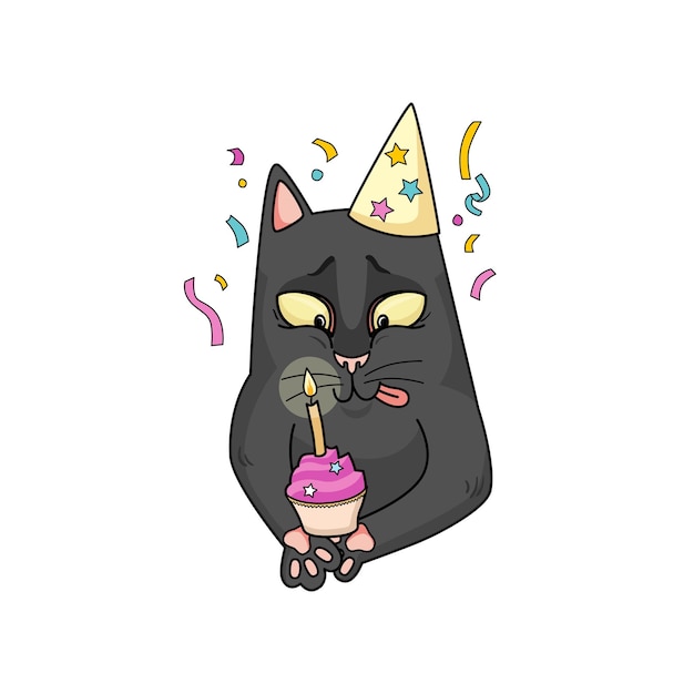Вектор счастливый черный кот празднует день рождения в праздничной шляпе и. кекс со свечой, серпантин.