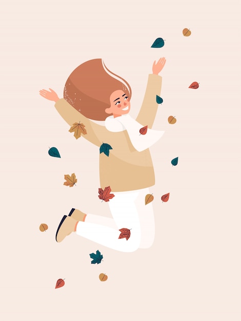 Vector happy blonde woman jumping and smiling with leaves