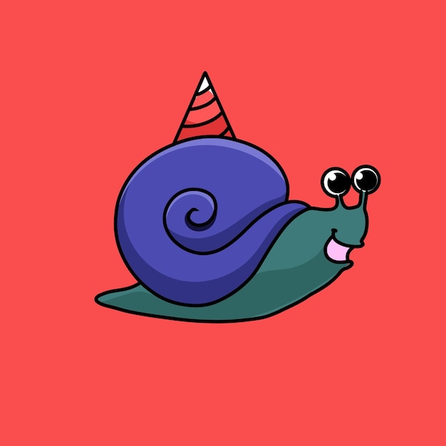 Vector happy cute cartoon snail with a blue shell animal and leaves happy birthday card