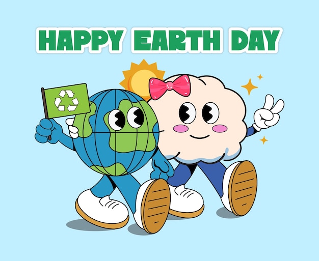 Vettore vettore di happy earth day con personaggi dei cartoni animati