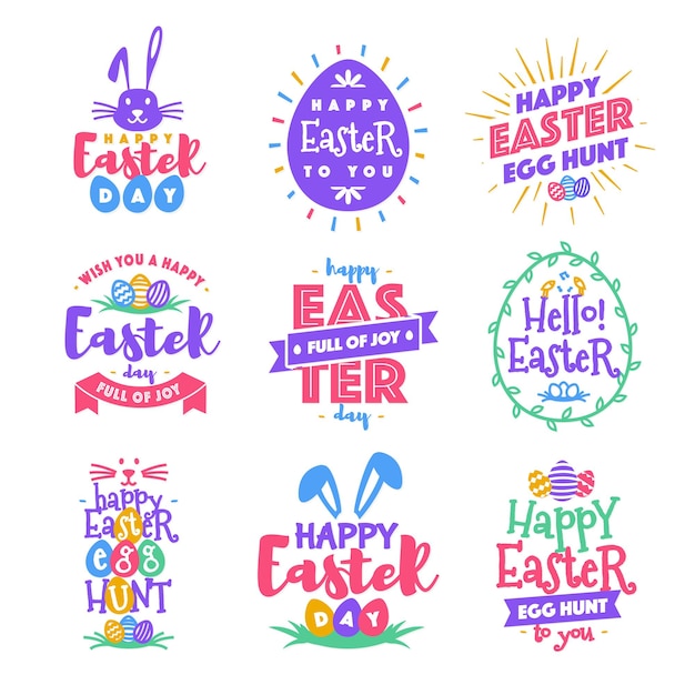 Vettore emblema vettoriale felice giorno di pasqua set stile tipografico colorato per biglietti di auguri modelli di testo etichetta badge decorazione vendita banner festa poster promozione etichetta decorazione illustrazione vettoriale