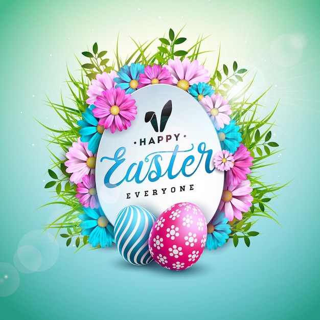 Vector happy easter illustration with colorful painted egg and spring flower on blue background