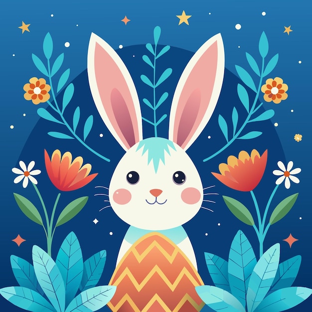 Vector happy easter illustration with painted egg rabbit ears and spring flower on blue background