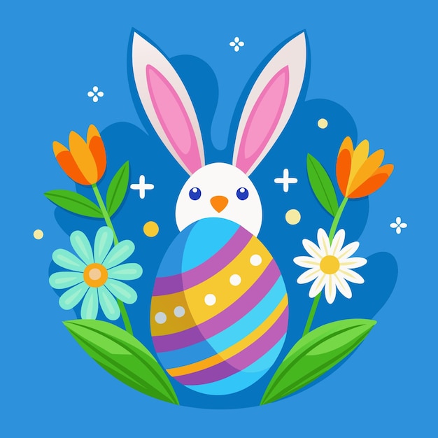 Vector happy easter illustration with painted egg rabbit ears and spring flower on blue background