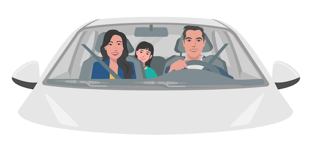 白い車を運転する幸せな家族のベクトル