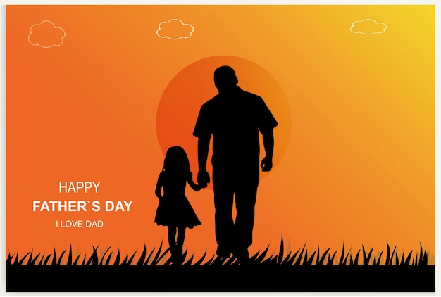 Vector happy Father's day with dad and children silhouettes