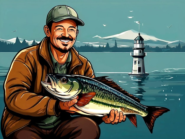 Vector vector happy fisherman with his catch isolated