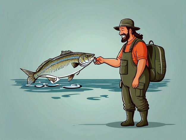 Vector vector happy fisherman with his catch isolated