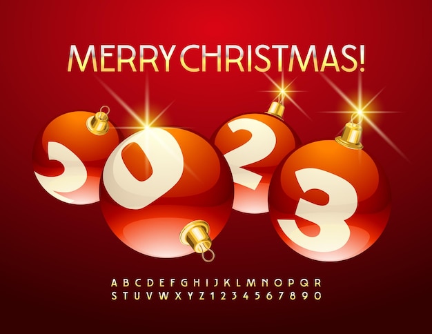 Vector happy Greeting Card Merry Christmas 2023 with red Christmas balls! Elegant Golden Alphabet