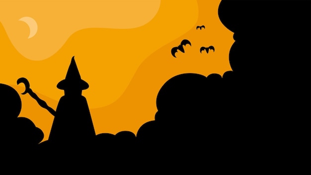 vector happy halloween banner or background with silhouettes of clouds, bats and witches .vector