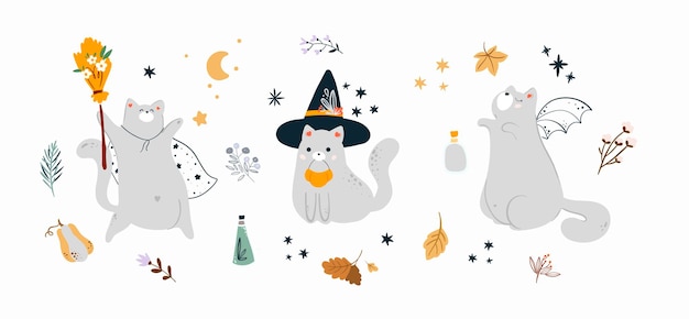 かわいい猫とカボチャのパステル カラーのデザインとベクトル ハッピー ハロウィン フレームの背景