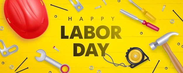 Vector happy labor day banner with helmet and tools