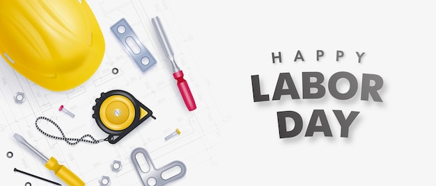 Vector happy labor day banner with yellow helmet and tools